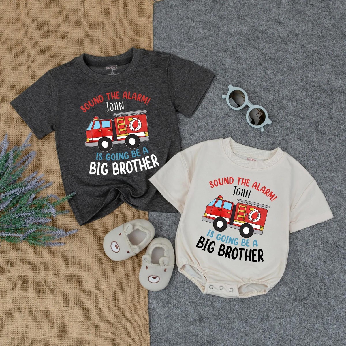 Personalized Big Brother Firetruck Shirt and Bubble Romper Matching Sibling Outfit Baby Boy Clothes 430