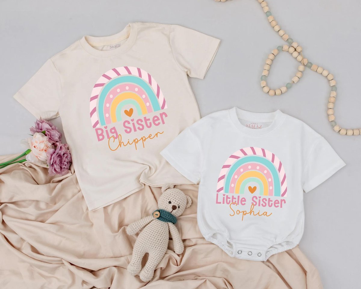 Personalized Big Sister and Little Sister Rainbow Shirts Custom Name Sibling Outfit Baby Name Romper 430