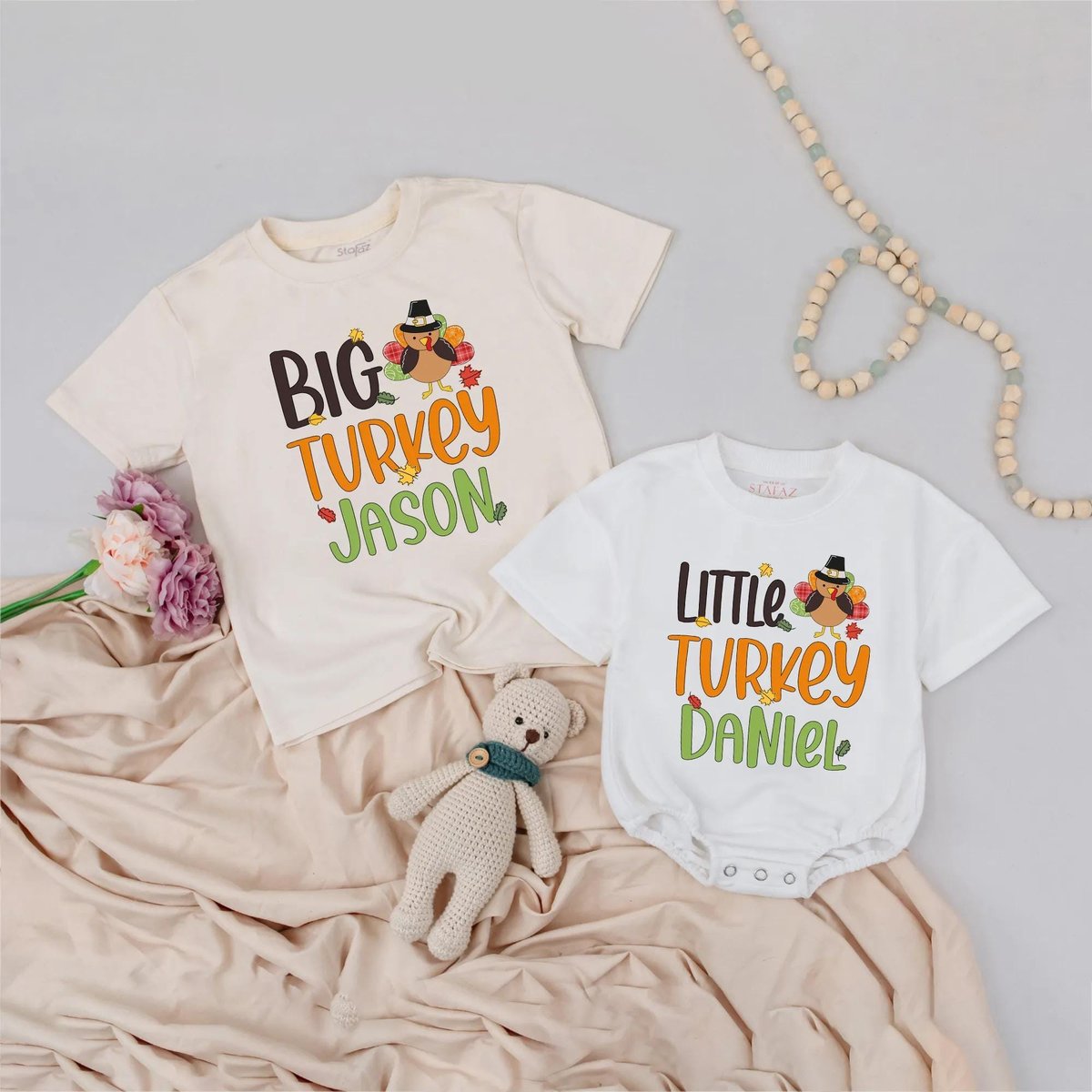 Personalized Big Turkey and Lil Turkey Shirts Thanksgiving Matching Outfit Custom Name Turkey Shirts 433