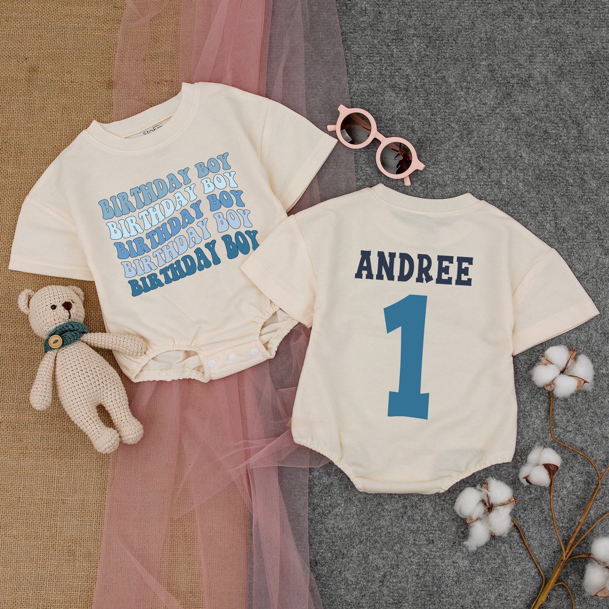 Personalized Birthday Boy Short  Sleeve Romper First Birthday Outfit Blue Theme Birthday Shirt Cupc 174