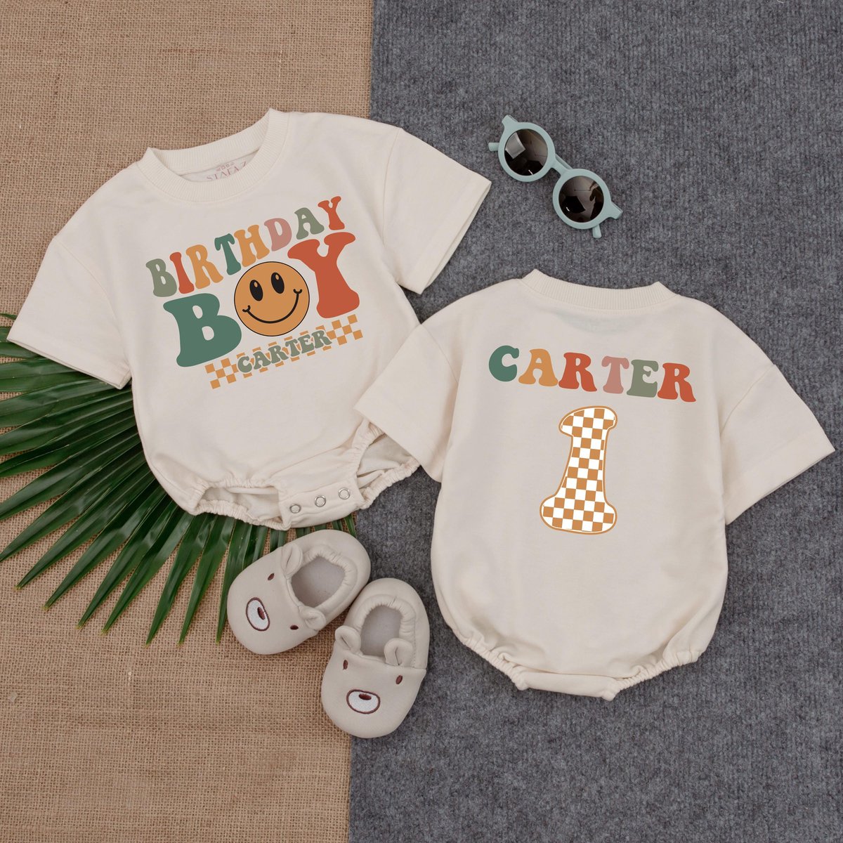 Personalized Birthday Boy Short  Sleeve Romper First Birthday Outfit Smiley Face Theme Birthday Shi 431