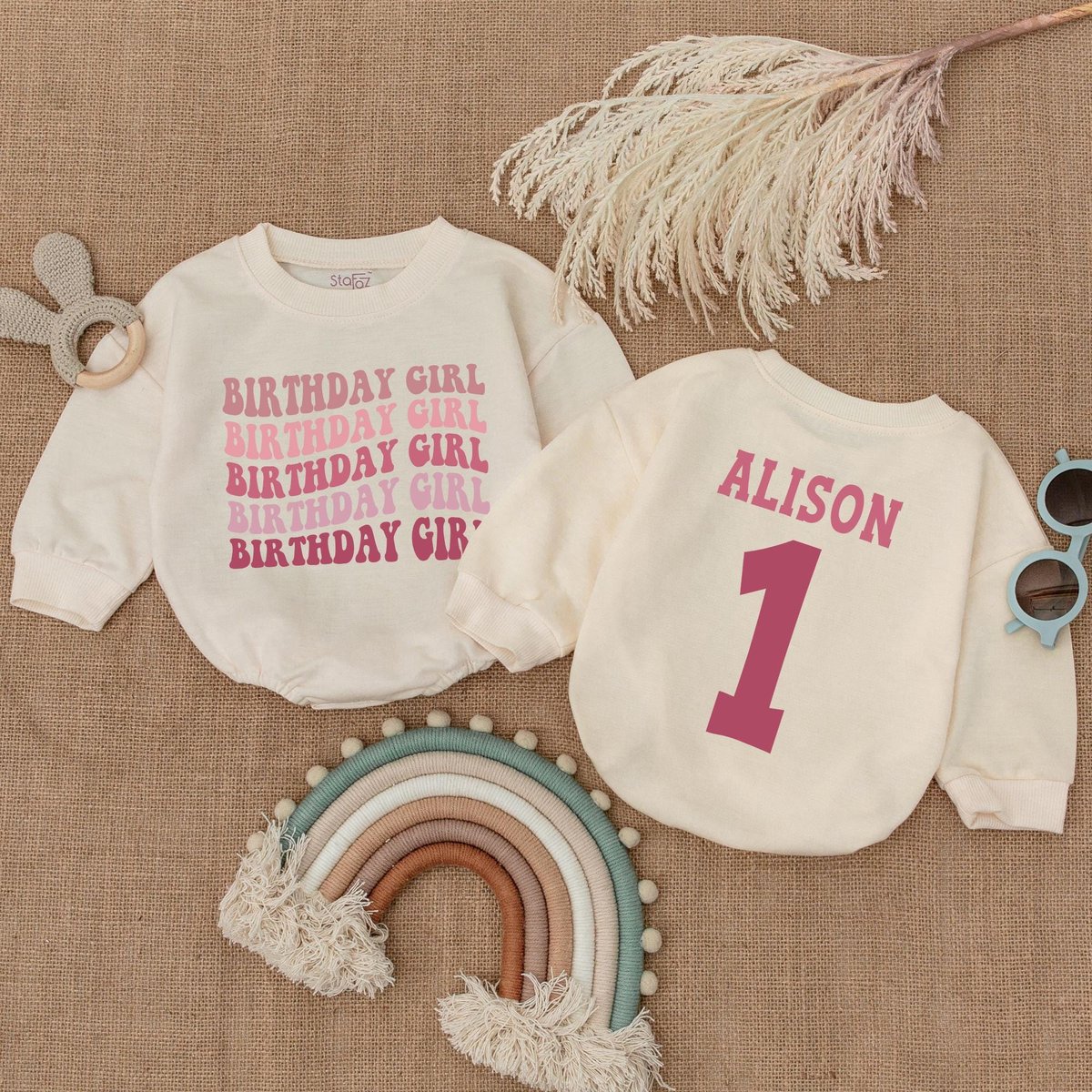 Personalized Birthday Girl Long Sleeve Bubble Romper First Birthday Outfit Pink Theme Birthday Shirt 180