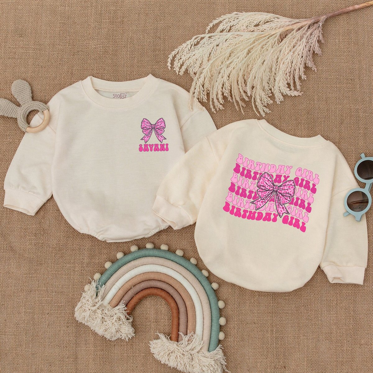 Personalized Birthday Girl Pink Bow Bubble Romper First Birthday Outfit Pink Theme Birthday Shirt Bu 179