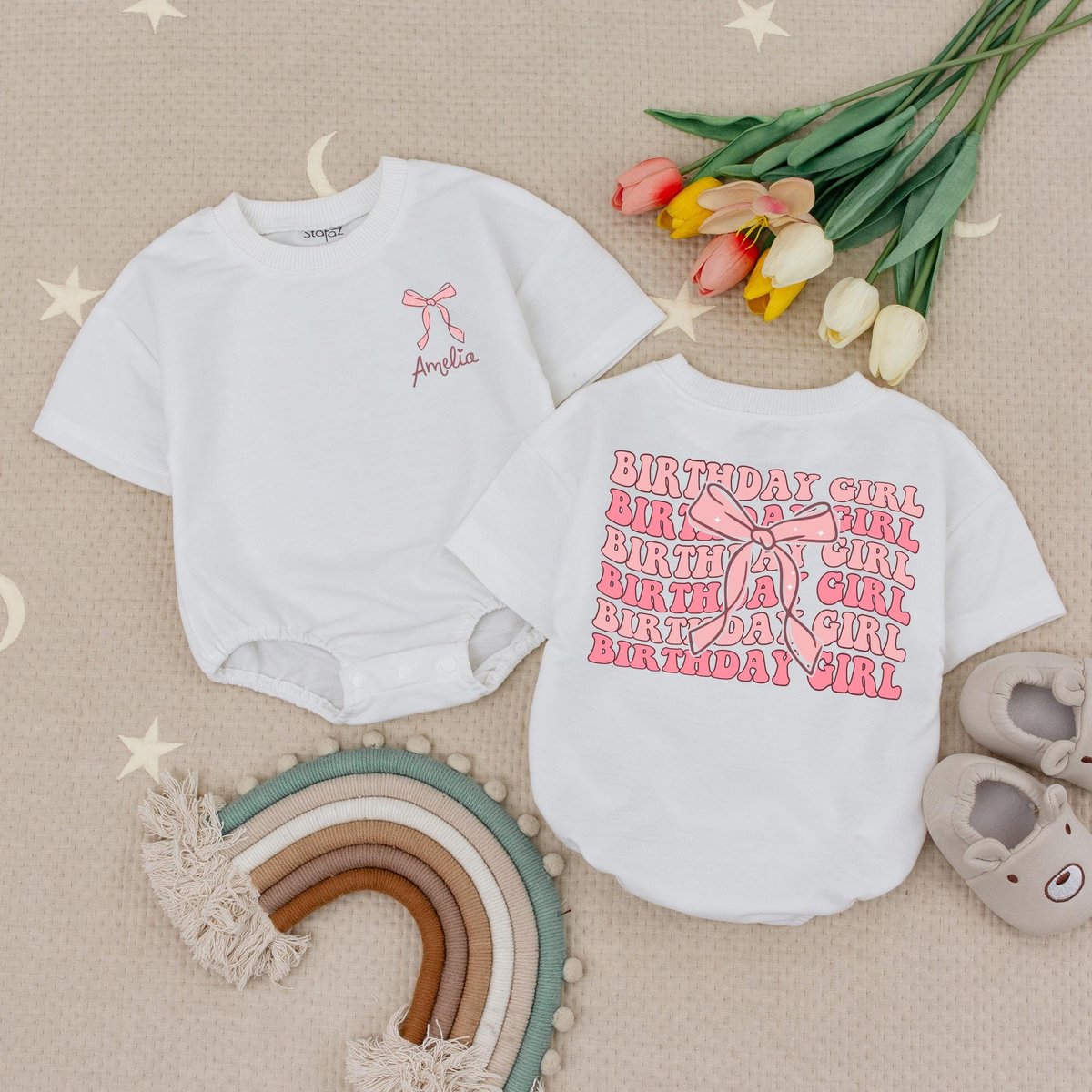 Personalized Birthday Girl Pink Bow Baby Romper Custom Name 1st Birthday OutfitBaby Girl Birthday Bo