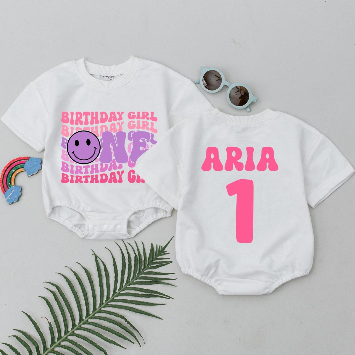 Personalized Birthday Girl Short Sleeve Romper First Birthday Outfit Pink Theme Birthday Shirt Bubbl