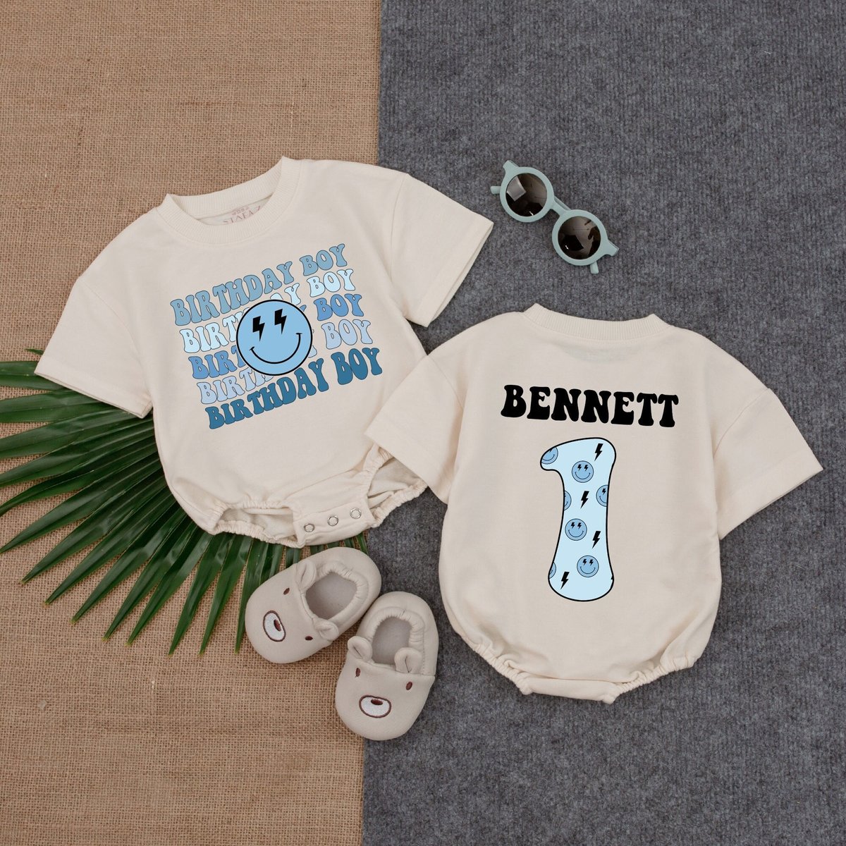 Personalized Birthday Smiley Face Short  Sleeve Romper First Birthday Outfit Blue Theme Birthday Sh 177
