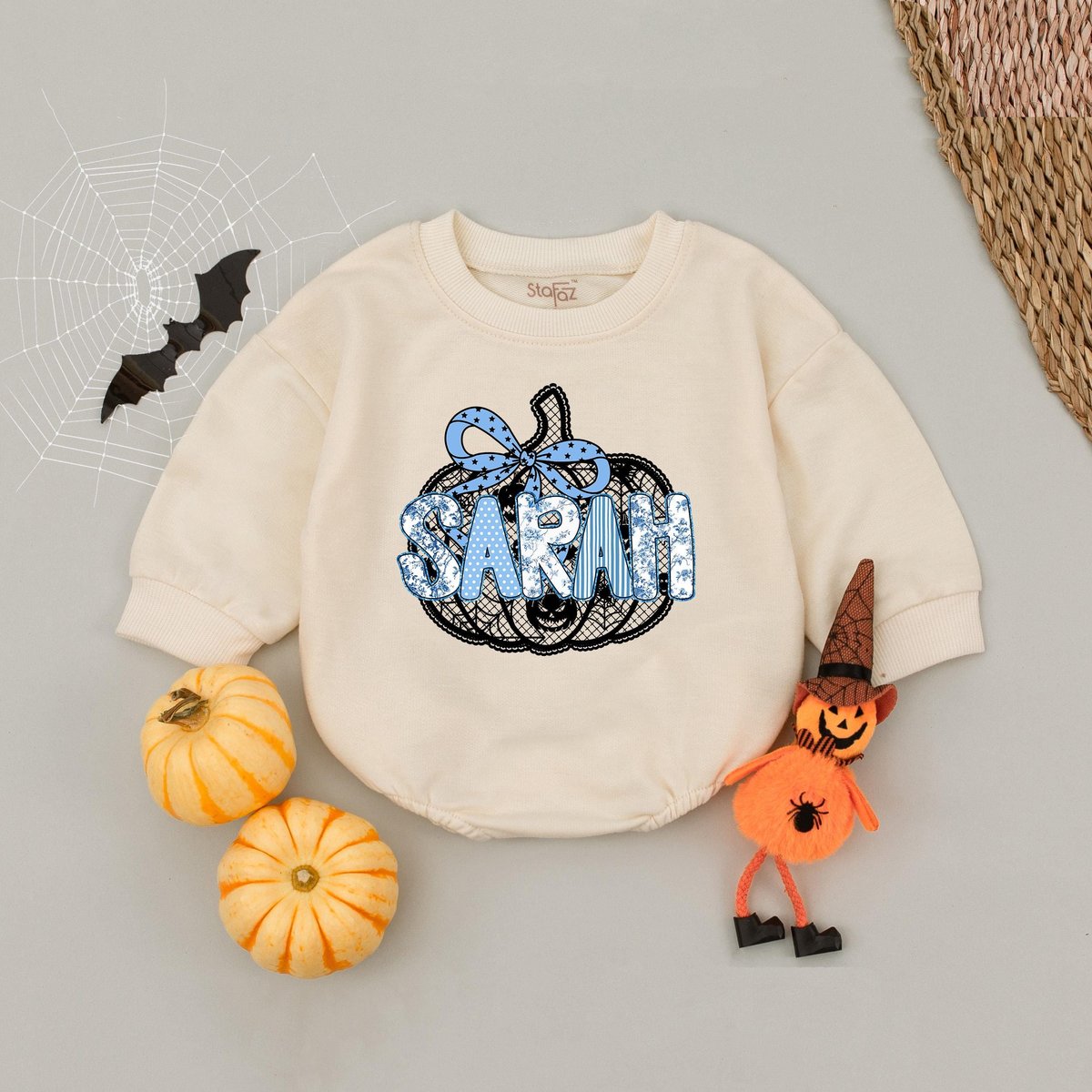 Personalized Black Lace Pumpkin Blue Bow Baby Romper Custom Newborn Halloween Bodysuit Pumpkin Seaso