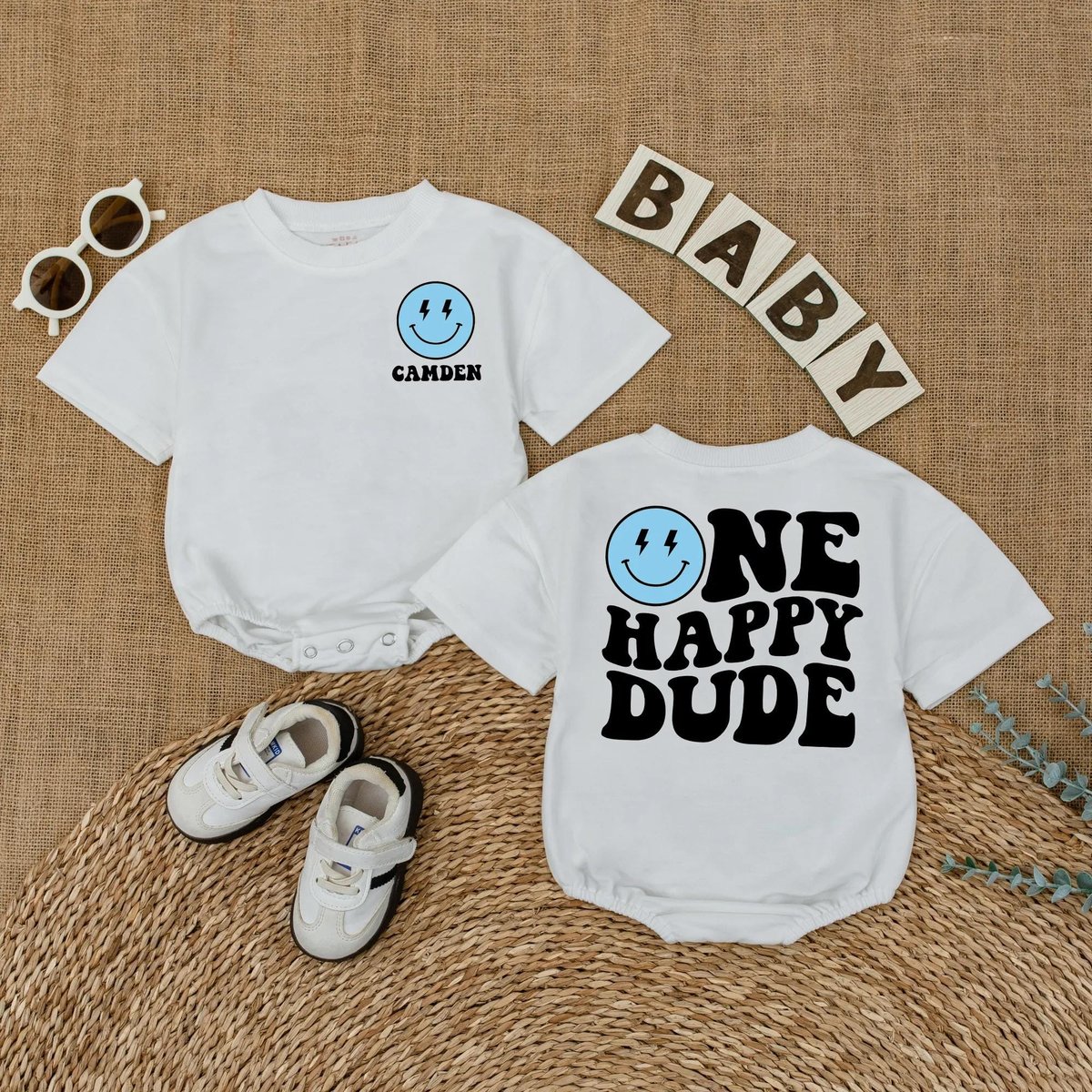 Personalized Blue One Happy Dude Baby Romper Custom Name 1st Birthday Boy T shirt One Cool Dude Retr 434