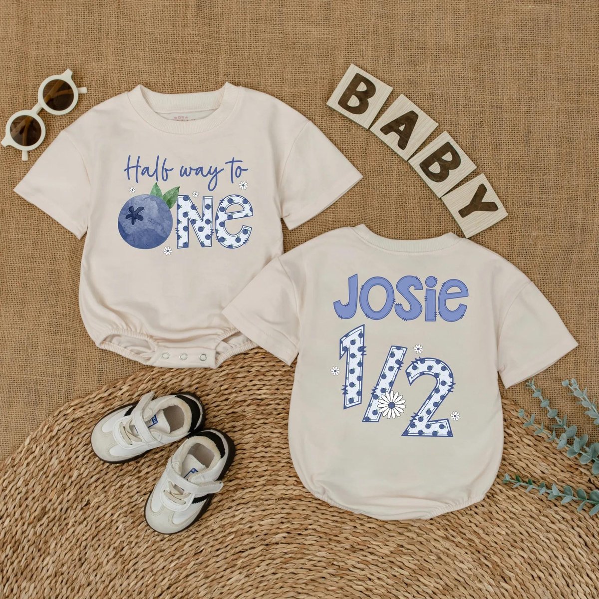 Personalized Blueberry Half Way to One Romper 6 Months Baby Girl Outfit 12 Birthday Baby Bodysuit Ba 433