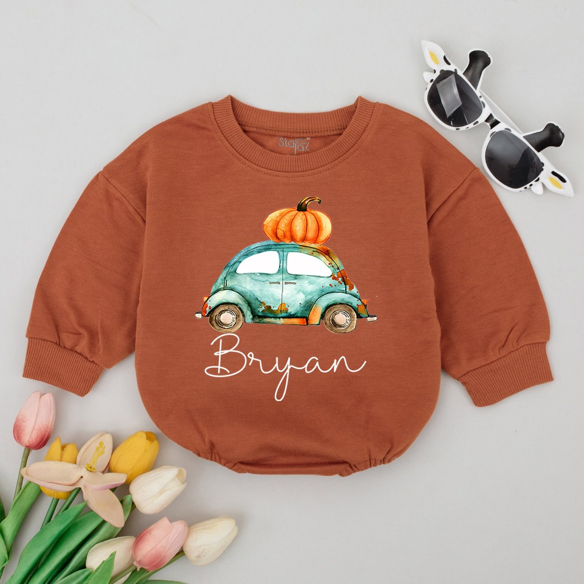 Personalized Boho Boys Fall Tractor Baby Romper Watercolor Truck Car infant coming home outfit baby 172