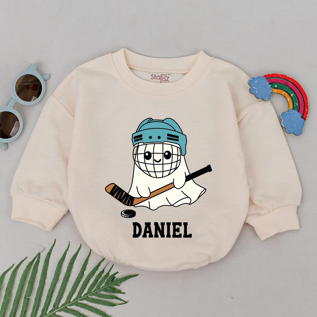 Personalized Boo Game Day Romper Ghost Hockey Halloween Bodysuit Sport Ghost 1st Halloween Baby Romp