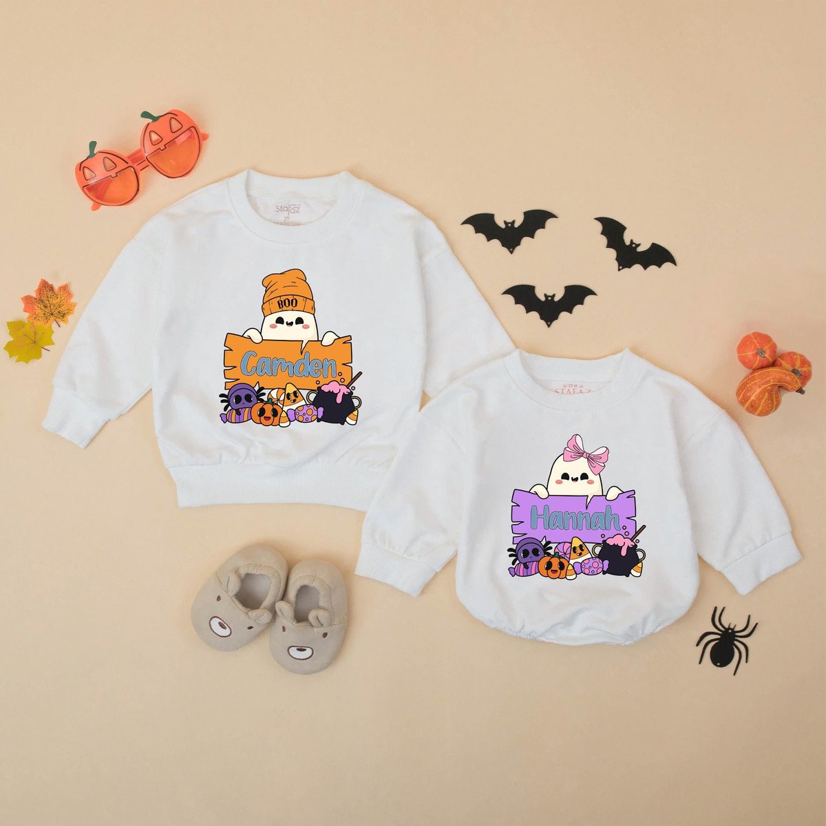 Personalized Boo Halloween Matching Shirt for Kids Custom Name Ghost Sweatshirt Cute Halloween Toddl 432