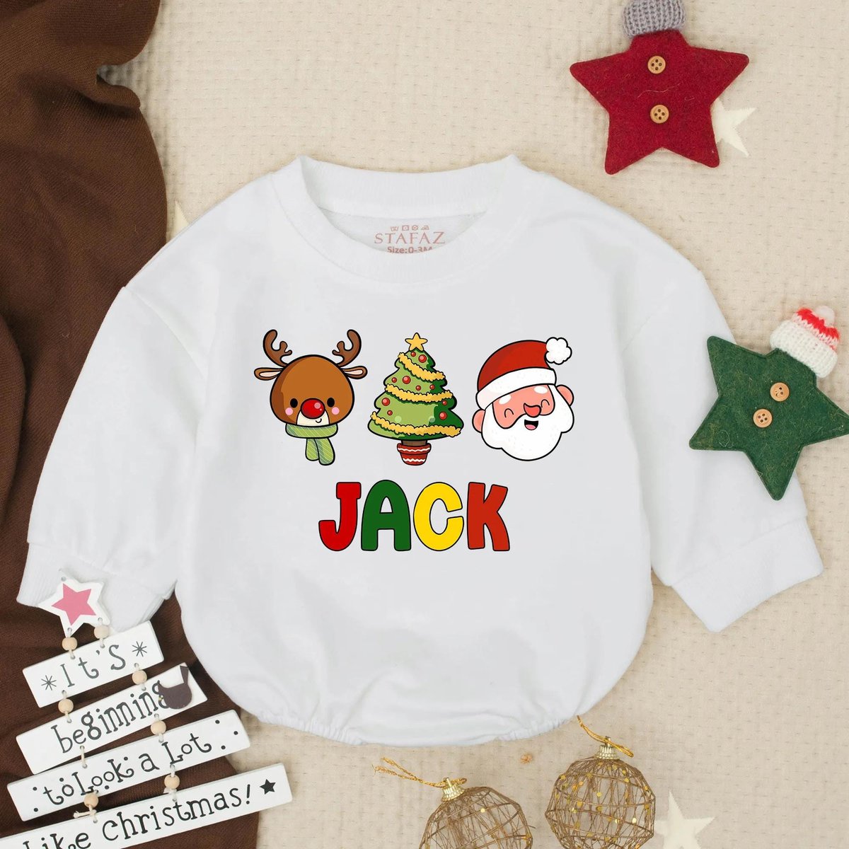 Personalized Boy Christmas Bubble Romper Boys Reindeer Name Toddler Shirt Custom Retro Xmas Natu