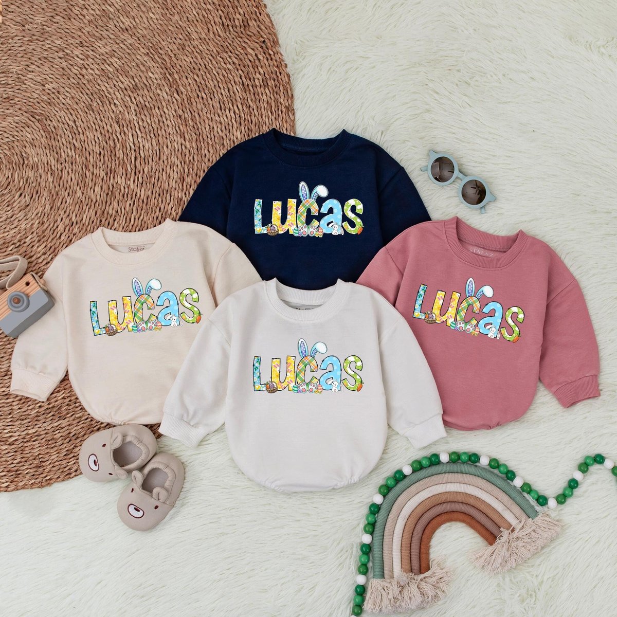 Personalized Boy Easter Romper Sweatshirt Bunny Easter Day RomperMy First Easter Baby BodysuitNewbor 184