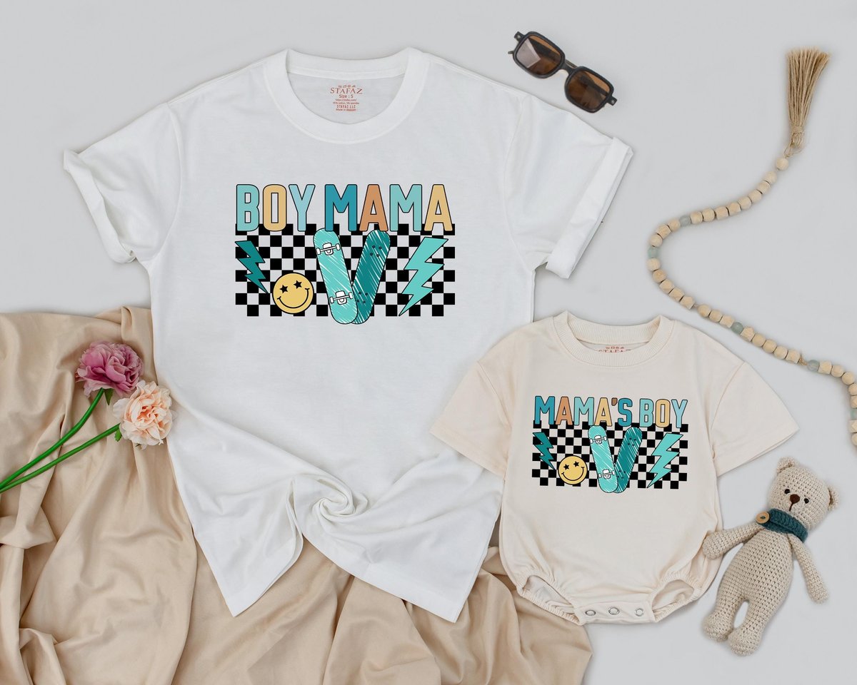 Personalized Boy Mama and Baby Boy Matching Outfit Custom Family Baby Shower Gift Checkered Mom's B 170