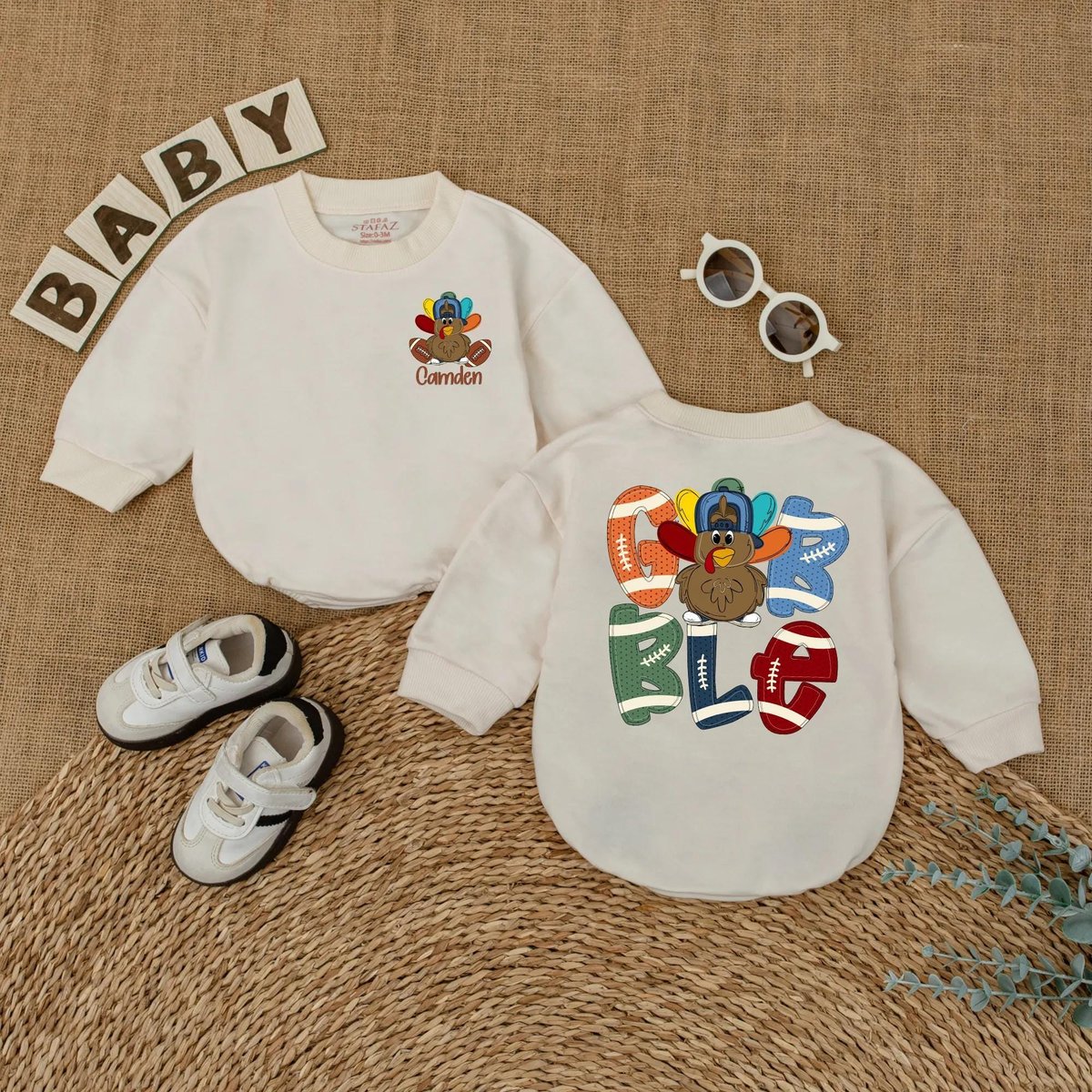 Personalized Boys Gobble Turkey Baby Romper Thanksgiving Football Baby Outfit Custom Name Fall Baby 432