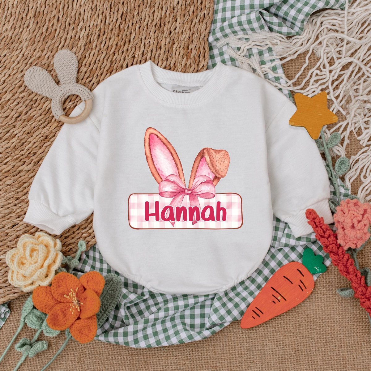 Personalized Bunny Ears with Pink Bow Romper Cute Easter Bunny Bodysuit Easter Day Baby Gift My Firs 182