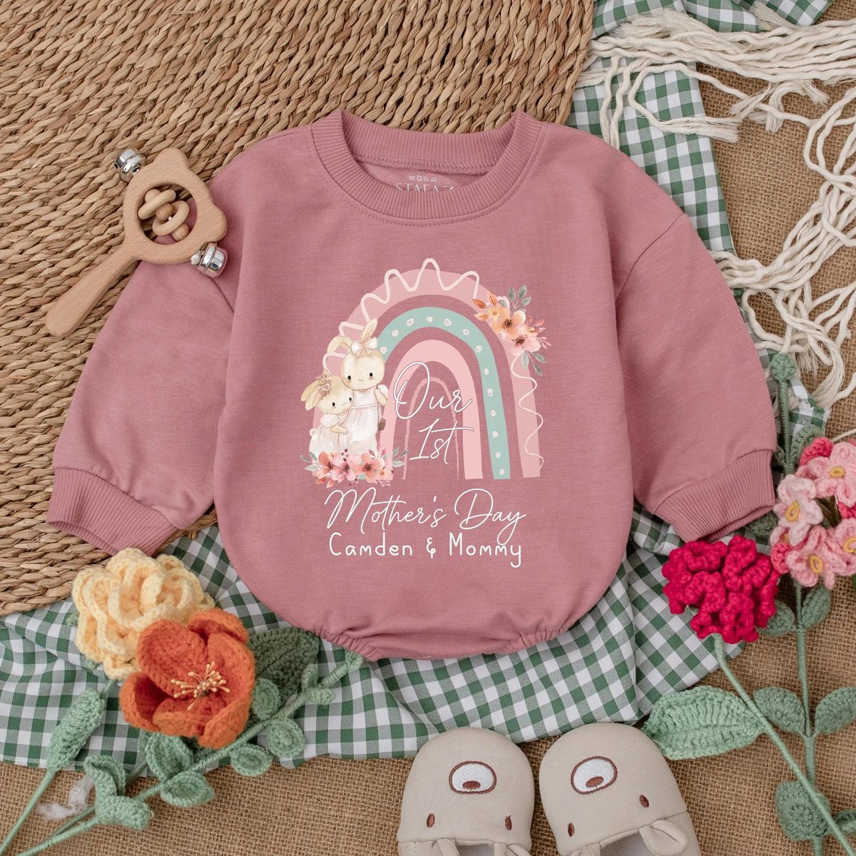 Personalized Bunny Our 1st Mother's Day Romper First Mothers Day Outfit for Baby Newborn Bubble Rom 188