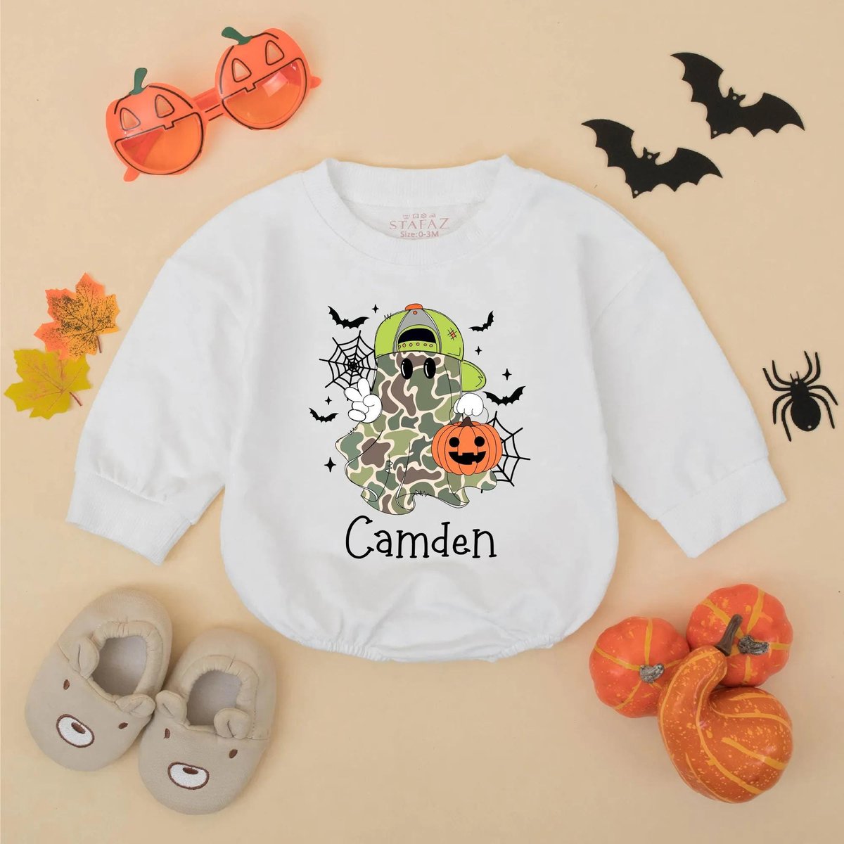 Personalized Camo Halloween Ghost Baby Boy Romper Custom Ghost Bodysuit with Name Baby Boy First Hal 435