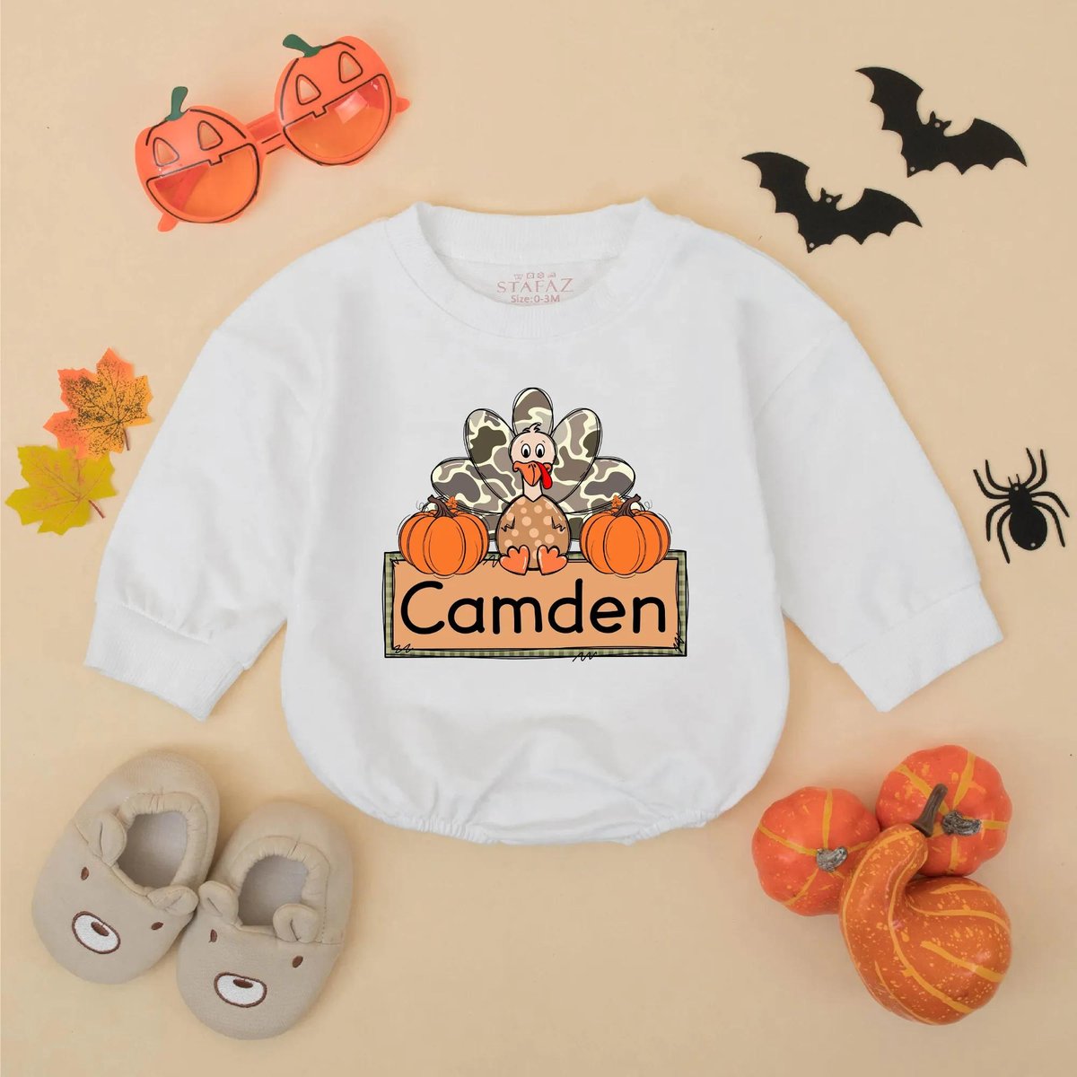 Personalized Camo Turkey Baby Boy Romper Hunting Thanksgiving Baby Outfit Fall Name Bodysuit for Boy 432