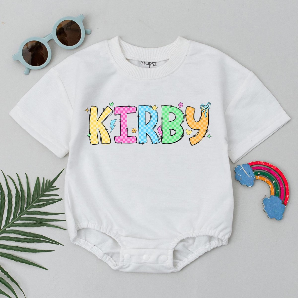 Personalized Checkered Name Baby Romper Colorful Baby Girl Bodysuit Cute Baby Outfit Custom Birthday