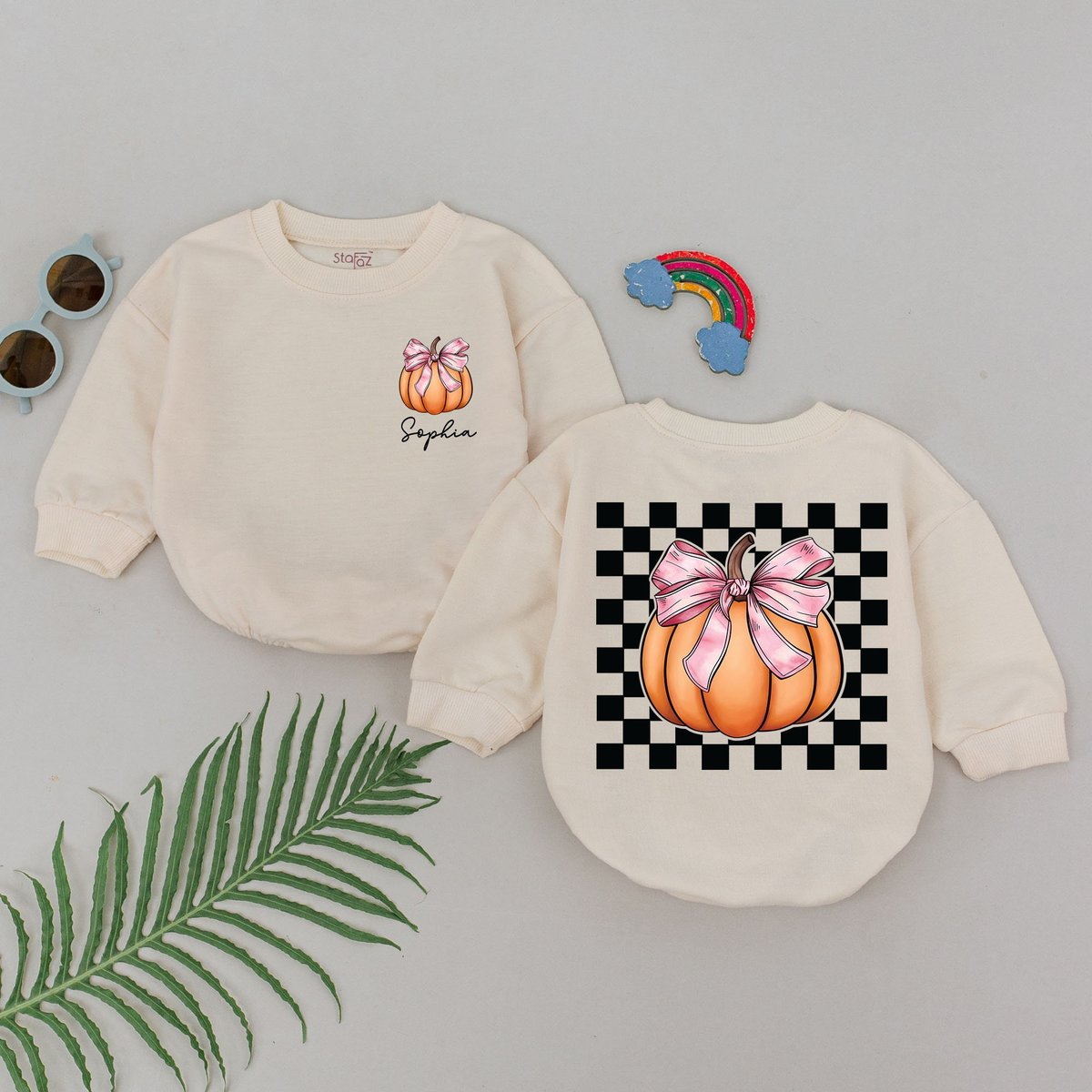 Personalized Checkered Pumpkin Romper Custom Name Fall Outfits Baby Shower Gift Pumpkin Spice Outfit