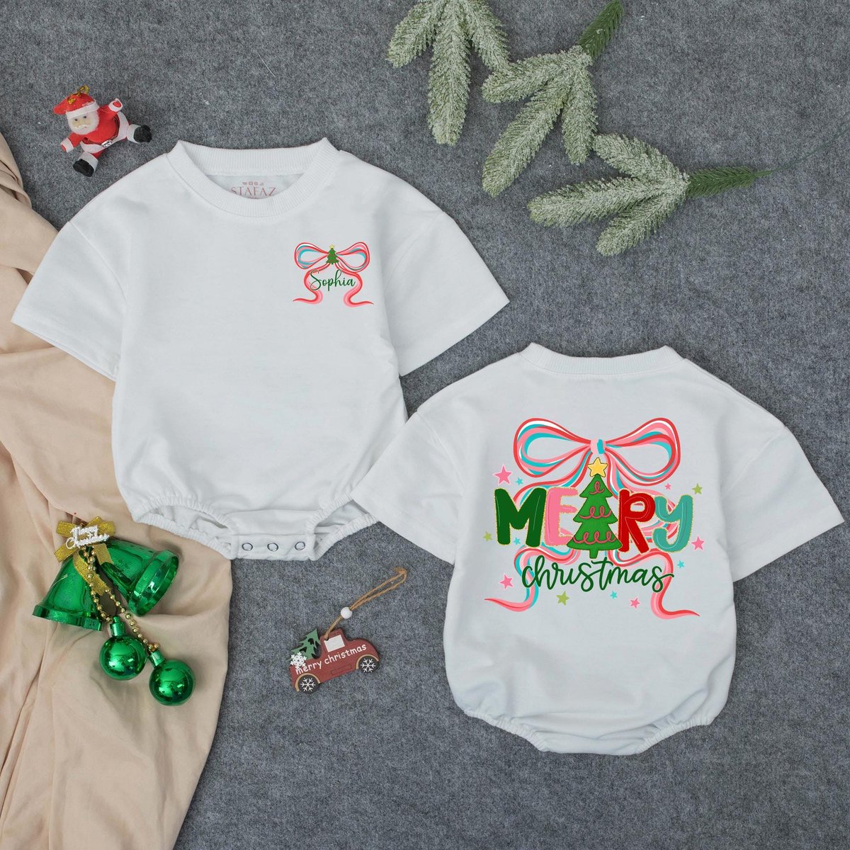 Personalized Christmas Bubble Romper Baby Girl Christmas Tree Outfit Personalized Christmas Tree Fir 436