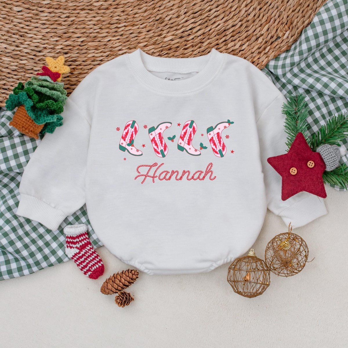 Personalized Christmas Cowgirl Boots Romper Christmas Western Cowgirl Girls Christmas Baby Bodysuit 181