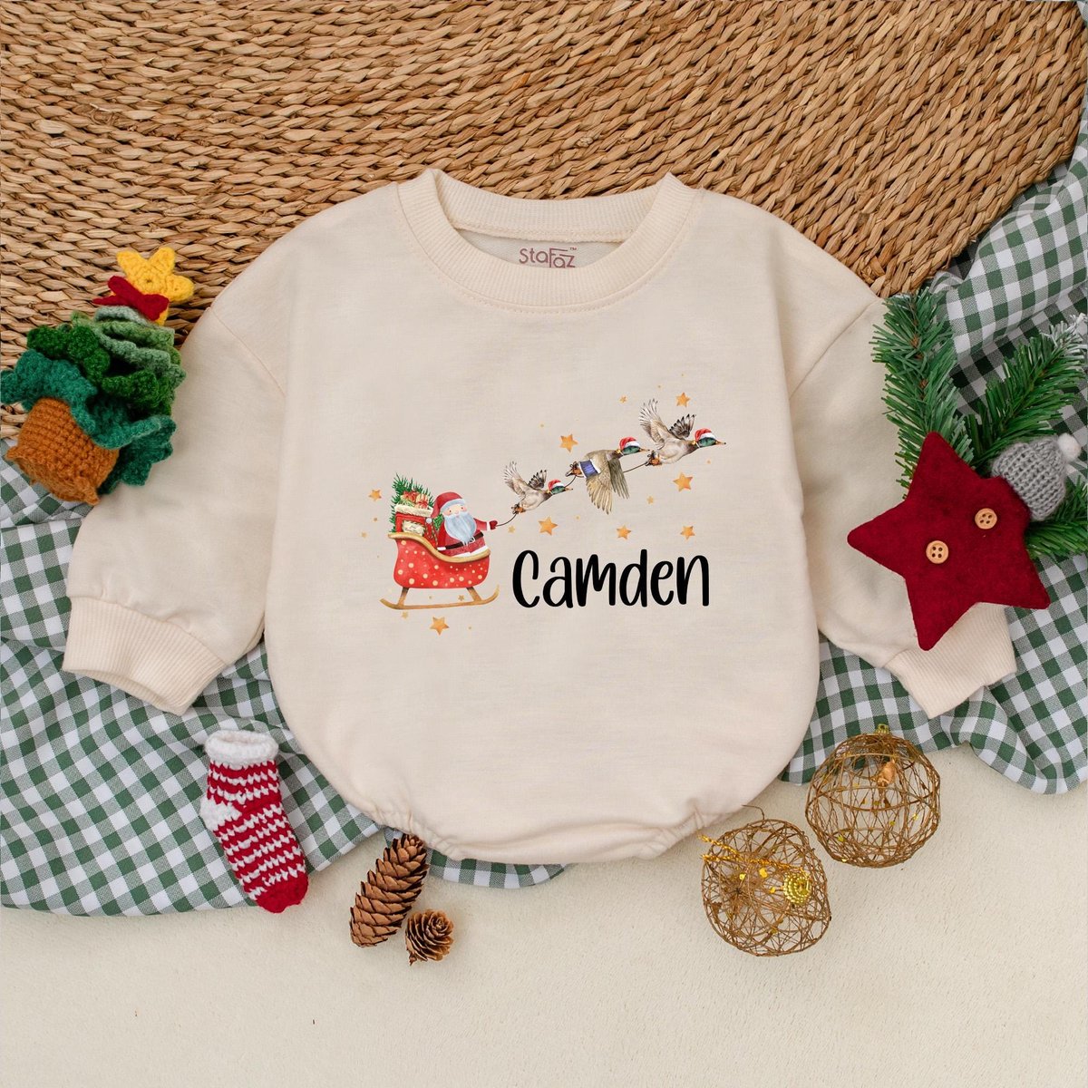 Personalized Christmas Mallard Duck Romper Santa with Ducks Boys Bodysuit Baby Boy Christmas Outfit 181