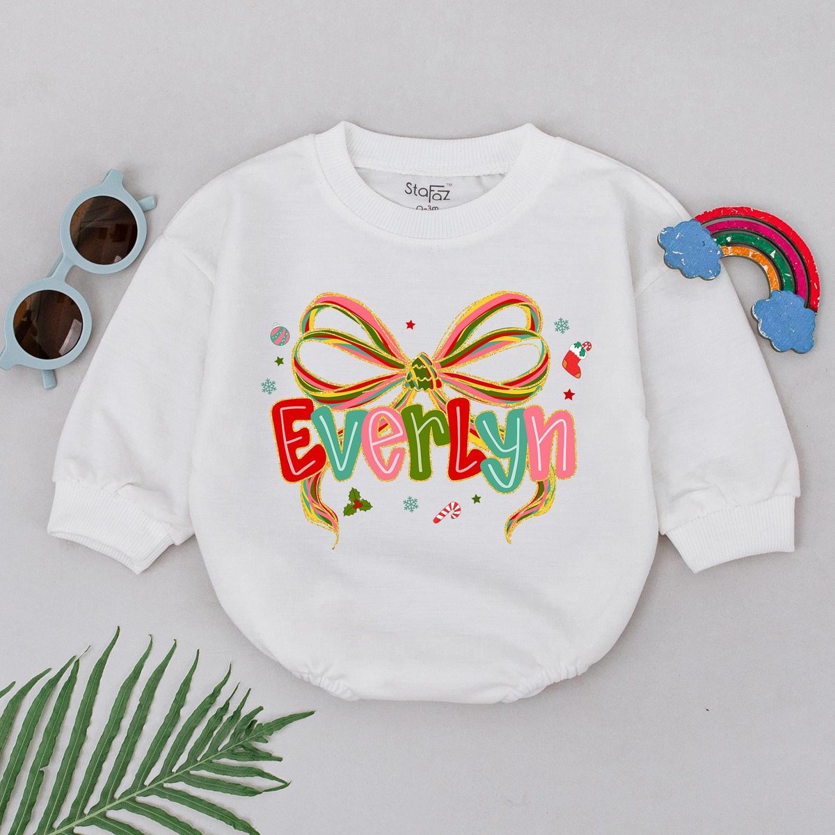 Personalized Christmas Name Romper My First Christmas Bodysuit Colorful Bow Baby Girl Outfit Xmas Ba