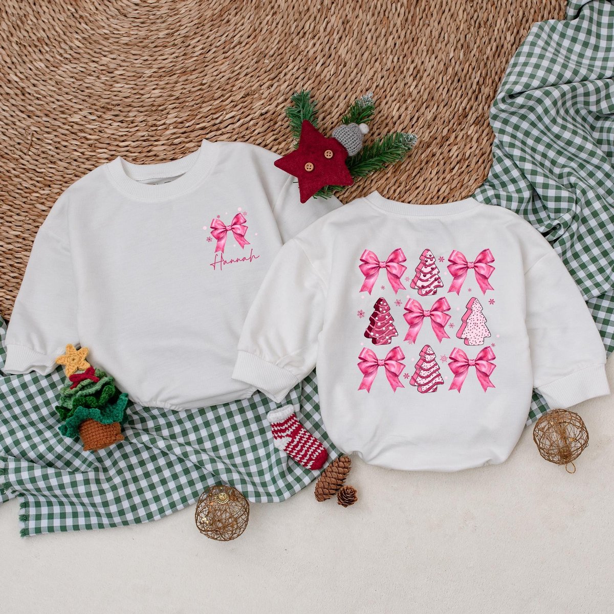 Personalized Christmas Pink Bow Romper Girly Christmas Cake Bodysuit My First Christmas Outfit Baby 180