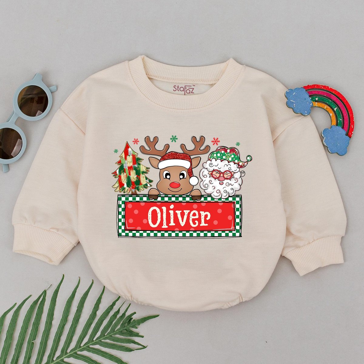 Personalized Christmas Reindeer Romper Custom Name 1st Christmas Bodysuit Winter Outfit For Boy Girl