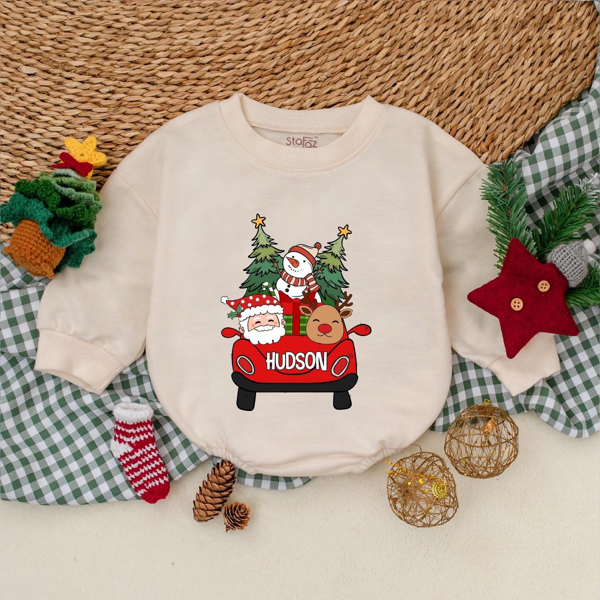Personalized Christmas Santa Truck Romper Reindeer Christmas Car Bodysuit Christmas Custom Name Wint 182