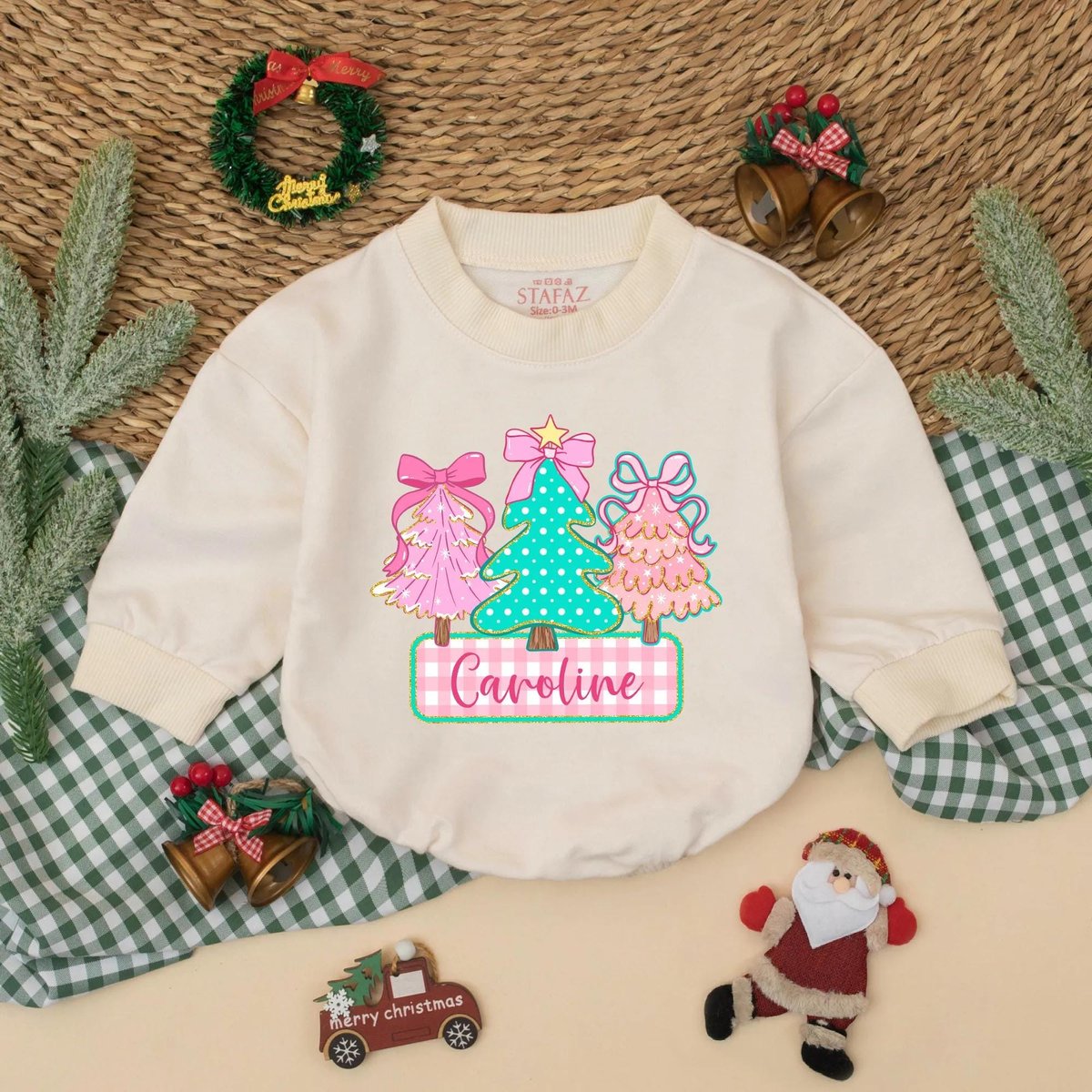 Personalized Christmas Tree Baby Bubble Romper Custom Name Holiday Outfit Baby Christmas Sweatshirt 436