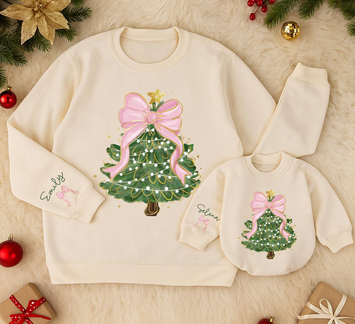 Personalized Christmas Tree Bow Sweatshirt Mom And Baby Matching Shirt Daughter Kid Sweatshirt Chris 436