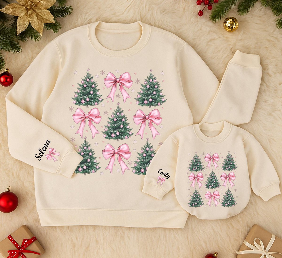 Personalized Christmas Tree Bow Sweatshirt Christmas Baby romper Family Winter outfits Girly Christm 436