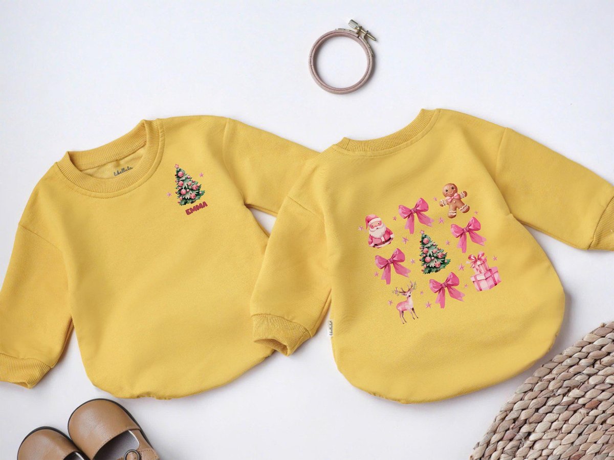Personalized Coquette Pink Christmas Rubble Romper Sweatshirt Custom Cute Pink Bow Christmas Newborn 436