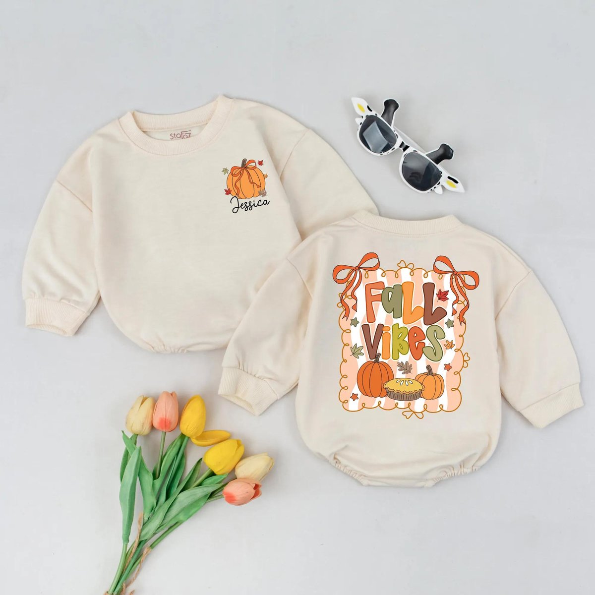 Personalized Cozy Fall Vibes Romper Fall Baby Girl Outfit Customized Thanksgiving Bodysuit Pumpkin B 435