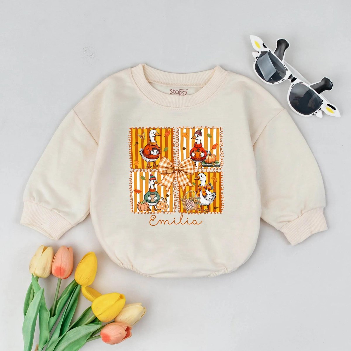Personalized Cozy Goose Bubble Romper First Thanksgiving Baby Outfit Pumpkin Spice Baby Clothes Fall 435