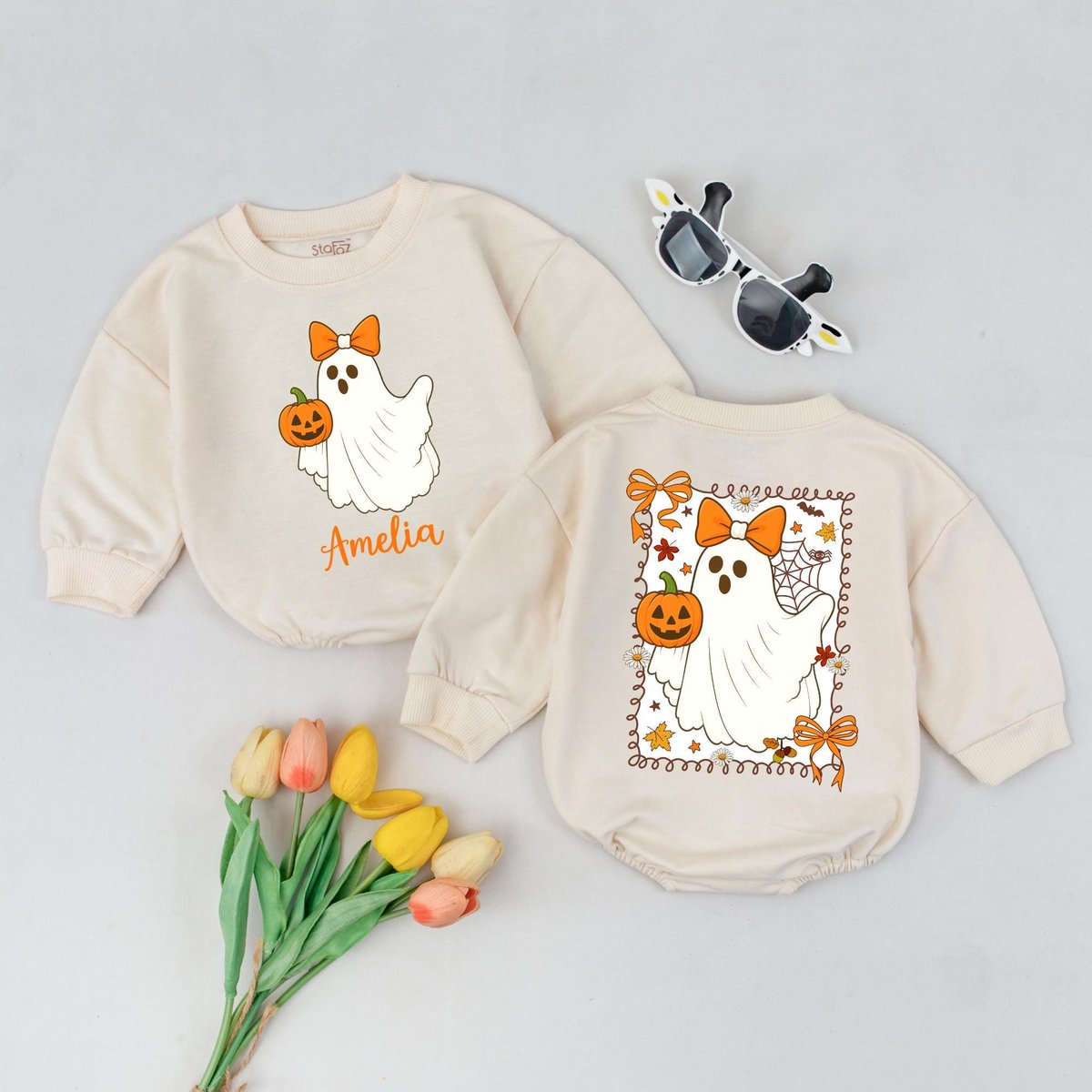 Personalized Cute Boo Halloween Romper Funny Halloween Baby Outfit Custom Name Girl Ghost Bodysuit F 435