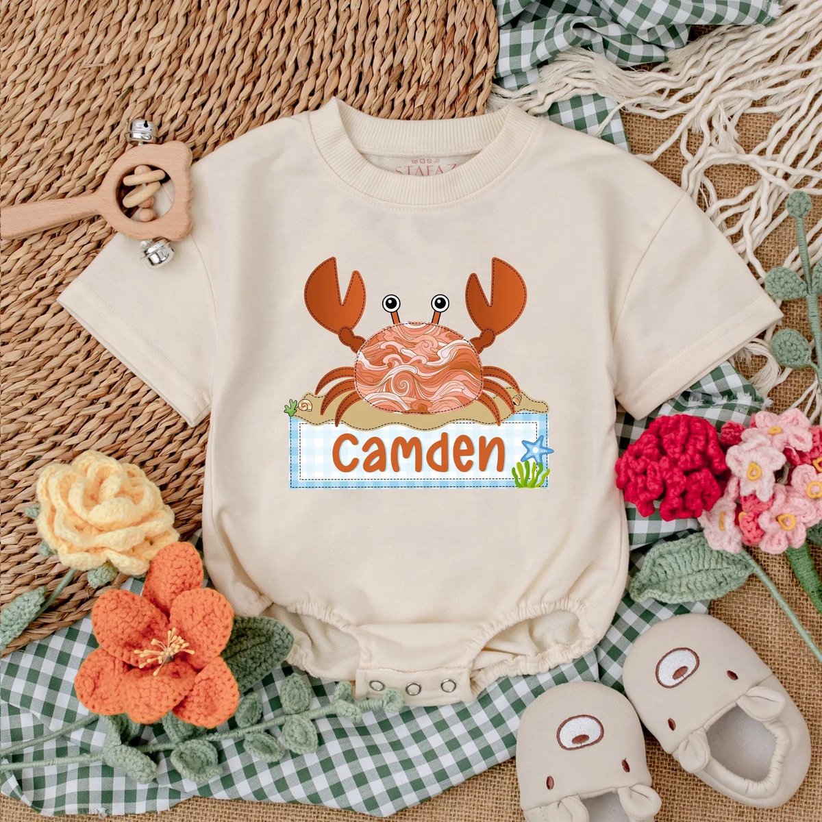 Personalized Cute Crab Baby Romper Beach Baby Bodysuit Baby Beach Outfit Summer Baby Clothes Newborn 188