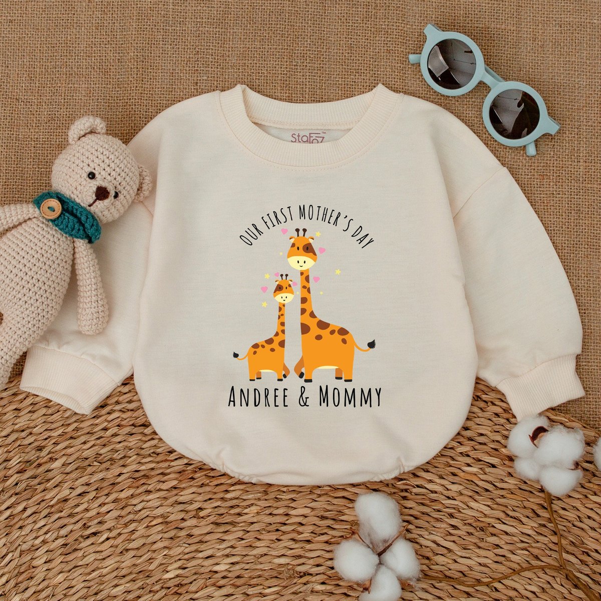 Personalized Cute Giraffes Mother and Baby Romper Our First Mother's Day Bodysuit Mother's Day Gif 171