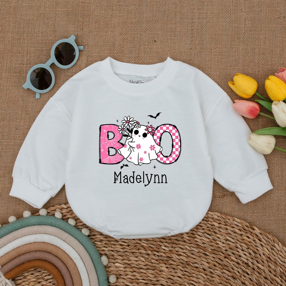 Personalized Cute Pink Boo Baby Romper Halloween Baby Bodysuit First Halloween Baby Outfit Fall Baby 180