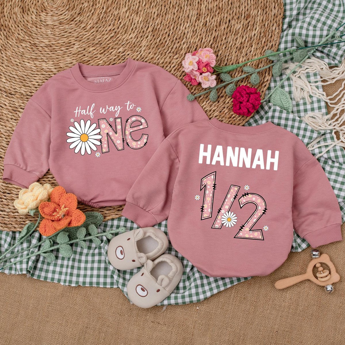 Personalized Daisy Half Way To One Romper Half Birthday Girl Bodysuit 12 Birthday Outfit 6 Months Bi 187