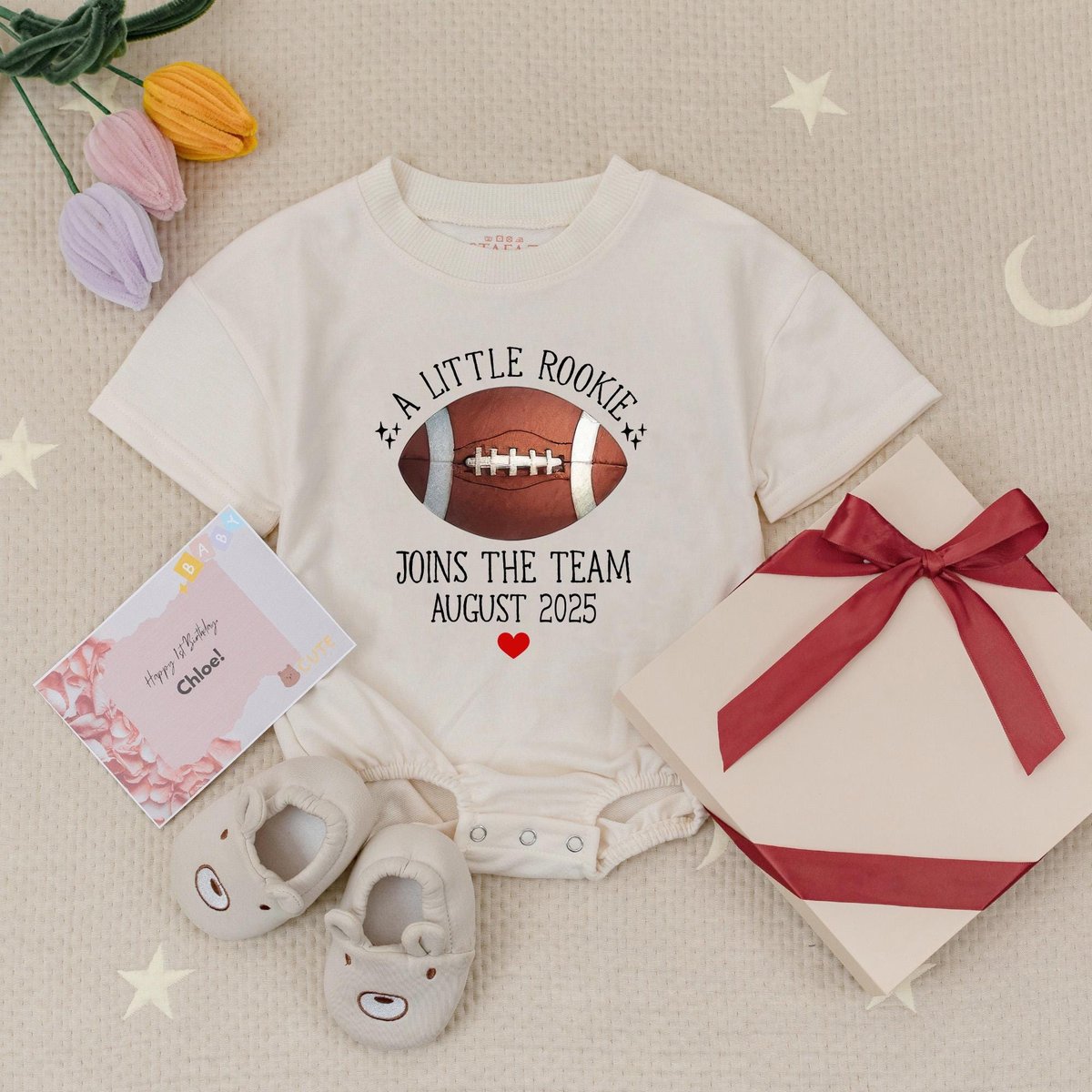 Personalized Date A Little Rookie Joins The Team Football Baby Romper Football Pregnancy Announcemen