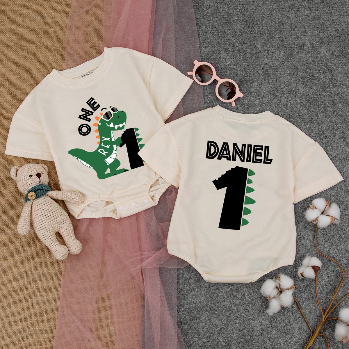 Personalized Dinosaur Birthday Boy Short  Sleeve Romper First Birthday Outfit One Rex Birthday Boy 177