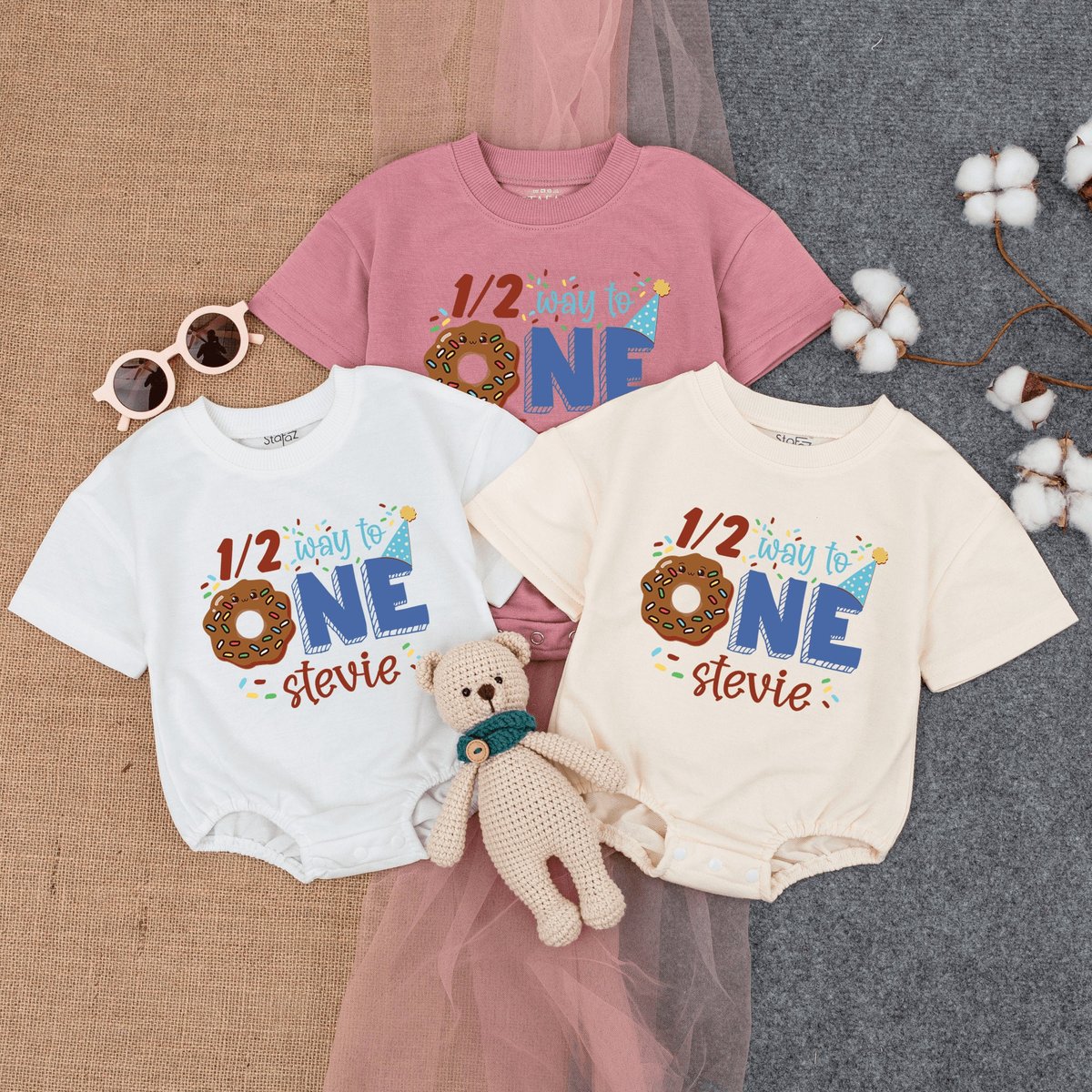 Personalized Donut Half Birthday Romper Short  Sleeve Half Birthday Outfit Smash cake outfit Donut 170