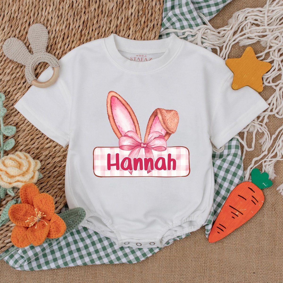 Personalized Easter Bunny Romper Baby Girl Bodysuit with Pink Bow My First Easter Outfit Cute Easter 187
