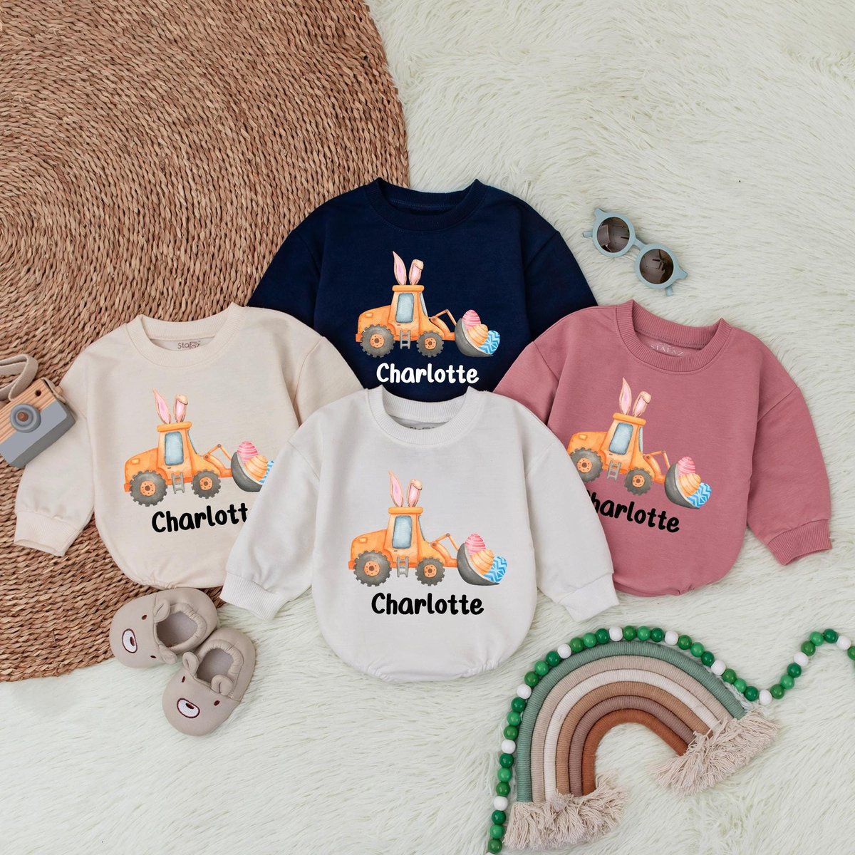 Personalized Easter Bunny Truck Bubble Romper Eggs cavator Baby Romper Romper Baby Girl Baby Shower 184