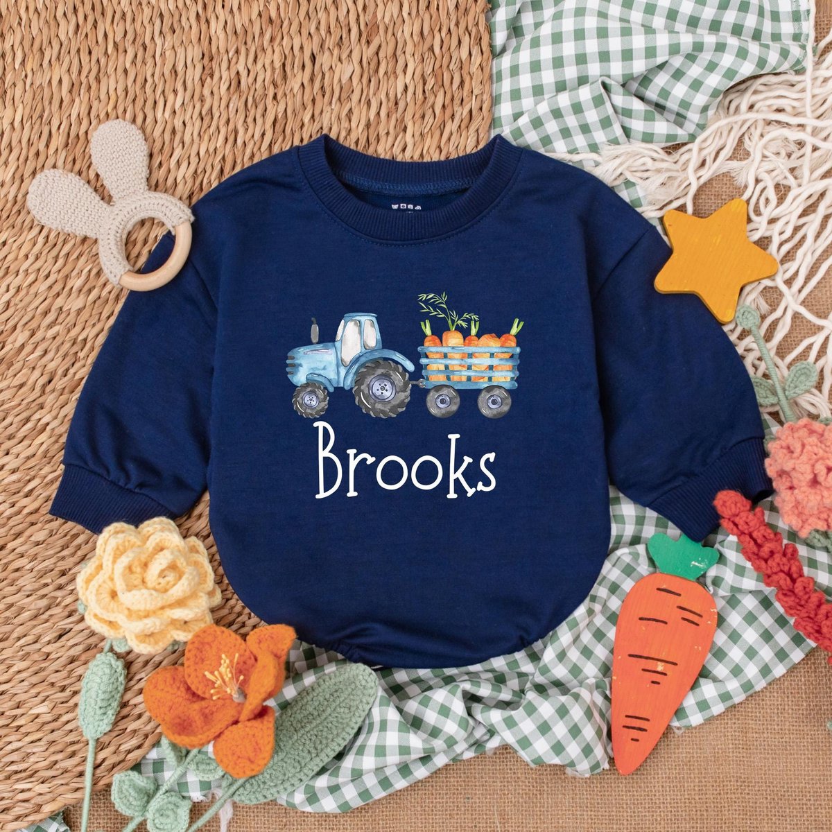 Personalized Easter Carrot Tractor Boys Romper Farmer Easter Baby Bodysuit Easter Day Baby Gift My F 187